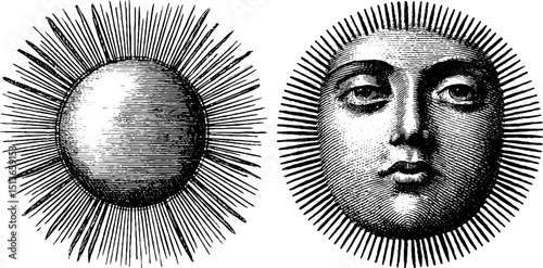 Vintage engraved sun and sun rays illustration set for artistic design and decoration
