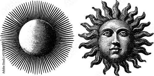 Vintage engraved sun illustrations set with rays for artistic design
