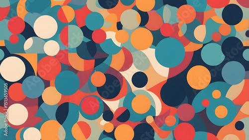 Vibrant abstract geometric pattern with circular shapes and bold colors like orange, blue, and red, creating a dynamic and modern design