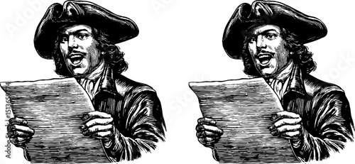 Historical town crier with bell reading proclamation engraving set for cultural design projects