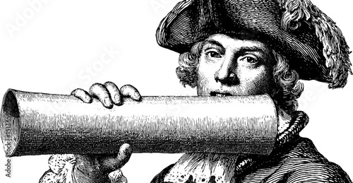 Engraved illustration of historic town crier with bell for vintage design and print