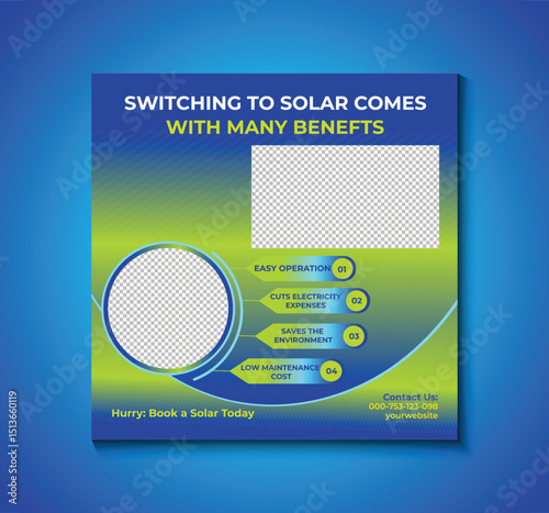 Modern and clean solar energy social media post template for promoting eco-friendly services. Perfect for companies offering solar panel installation, energy consulting, and renewable solutions.