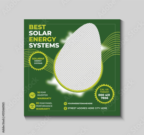 Modern and clean solar energy social media post template for promoting eco-friendly services. Perfect for companies offering solar panel installation, energy consulting, and renewable solutions.