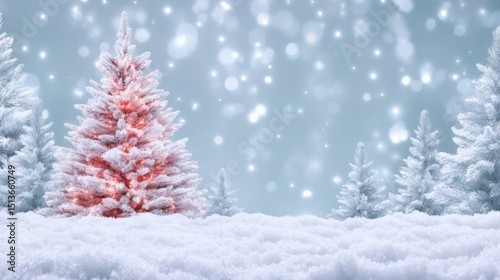 A Beautiful Winter Wonderland Featuring a Snowy Scene with a Stunning Red Christmas Tree Surrounded by Snowflakes and Twinkling Lights