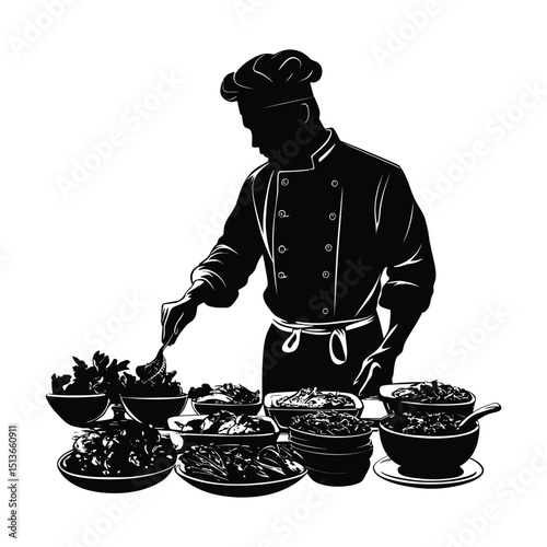 A chef preparing and presenting a wide minimalist silhouette design