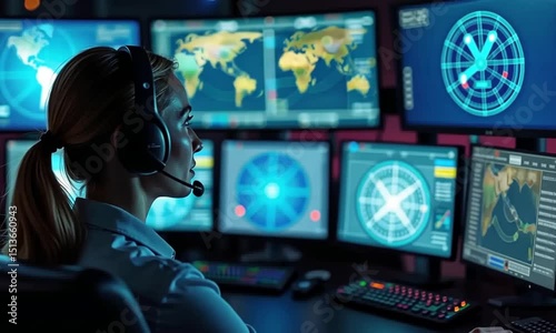 Woman Air Traffic Controller Monitoring Radar Screens in Dimly Lit Tower Wearing Headset with Intense Focus in Aviation Environment

