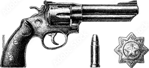 Vintage revolver and badge engraving art for historical design and collectors