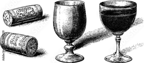 Vintage wine bottle illustration set with engraved glass and cork designs