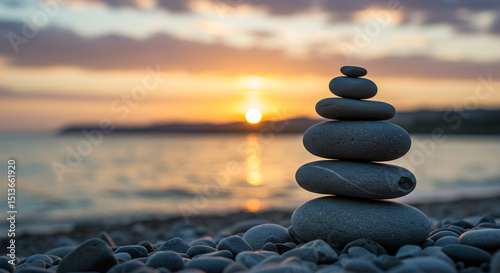 Serene Sunset Beach Scene with Balanced Stack of Stones A Symbol of Peace and Tranquility