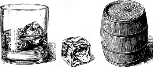 Vintage whiskey engraving set featuring glass with ice and barrel elements for creative design