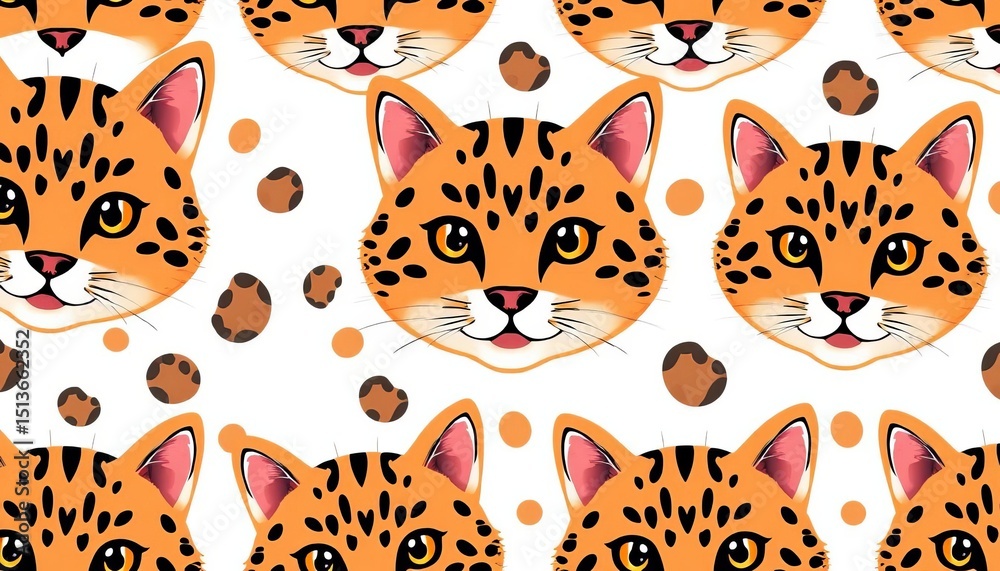 Fototapeta premium Seamless vector pattern of adorable cat heads with leopard spots on a white background, ideal for kids' fabrics, background, children