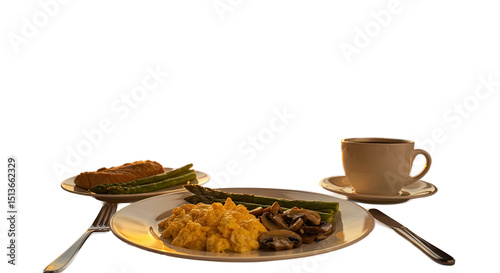 Delicious breakfast with scrambled eggs, asparagus, mushrooms, bread, and coffee on a plate