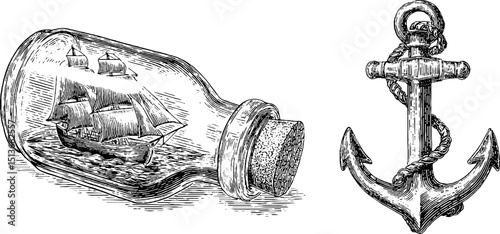 Engraved nautical illustration set with ship in bottle and anchor design for nautical decor