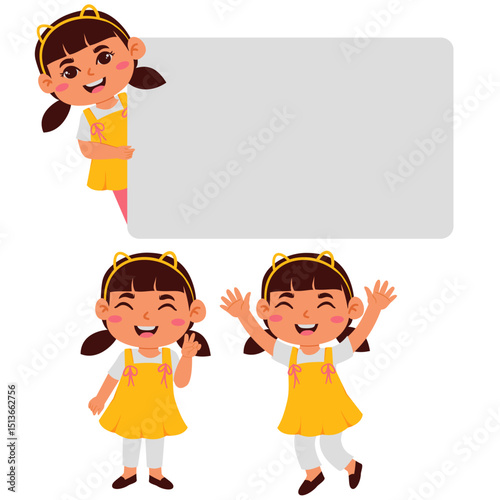 Cheerful Girl with Blank Sign and Playful Poses Illustration