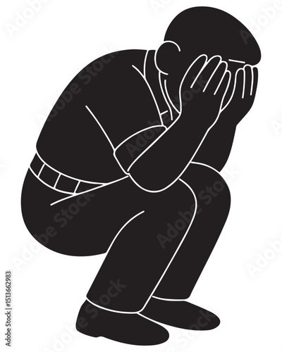 Silhouette of a man sitting on the ground with head buried in his knees, hiding man silhouette
