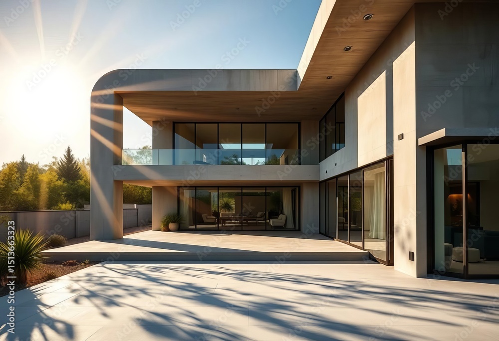 Fototapeta premium Sunlight illuminates a modern villa's sleek, unfinished concrete facade, showcasing intricate steelwork and expansive glass windows, steel framework, contemporary architecture