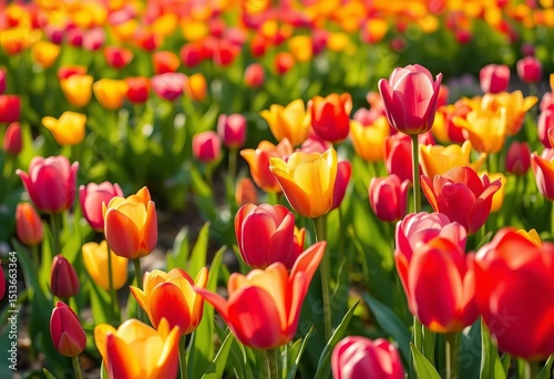 Sunlit field of vibrant tulips, bright spring colors, blooming flowers, yellow, petal