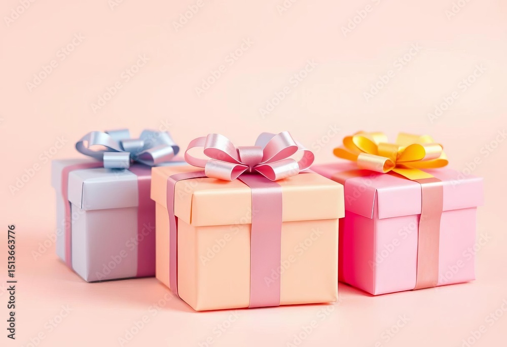 Obraz premium Three pastel gift boxes with bows, neatly arranged on a plain background, summer, festive