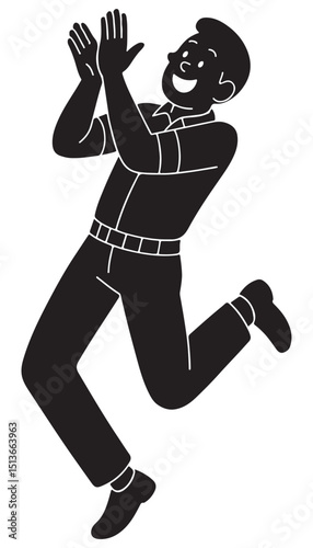 Silhouette of a man clapping with overly enthusiastic jumps, excited man silhouette