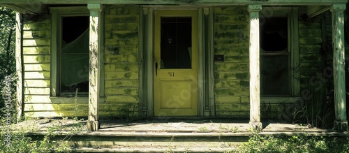 Haunting facade of an old weathered house, a forgotten sanctuary with a pale yellow door