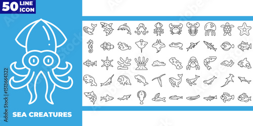 Sea creatures line icons collection