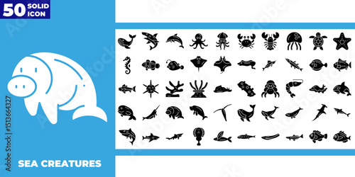 Sea creatures glyph icons collection
