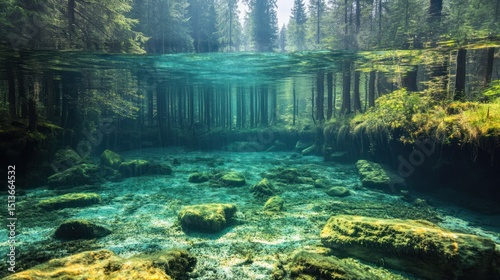 Split vision, forest and river merge in a breathtaking underwater perspective