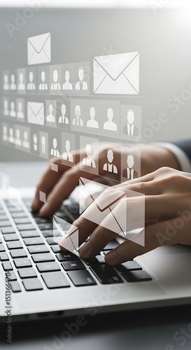 Close up of hands typing on a laptop with overlaid email and contact icons