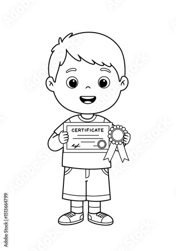 Proud boy holding certificate – emotions coloring page for therapy