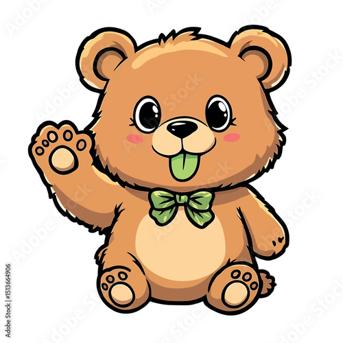 A Cute Cartoon Bear Waving Hand Showing Tongue Illustration for Sticker Design