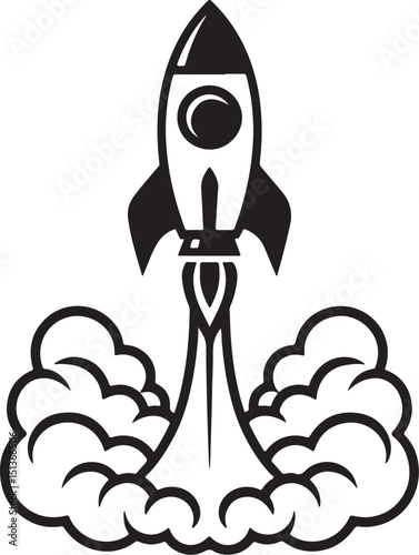Rocket ship blasting off with smoke trail, black-and-white space vector