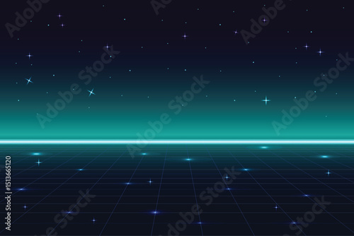 Retro cyberpunk style 80s game scene pixel art 8-bit sci-fi background. glowing neon grid and stars from vintage arcade computer games.