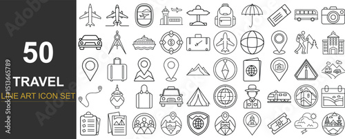 50 Clean Line Art Icons Focused on Travel, Transport, and World Navigation Featuring Route Maps, Landmarks, Travel Apps, Tickets, and Global Mobility Tools for Digital and Print Use