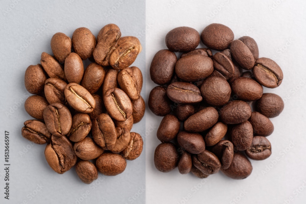Naklejka premium Side-by-side Comparison of Caffeinated and Decaffeinated Coffee Beans Showcasing Their Distinct Colors and Textures