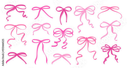 Set of Pink Coquette Bows in Different Styles. A Charming Collection of Feminine Hand-Drawn Ribbons with Playful Curves