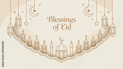 Elegant Eid Al-Adha Greeting Card with Golden Lanterns, Crescent Moon, Stars, and Arabic Calligraphy on Transparent Background for Festive Islamic Celebration