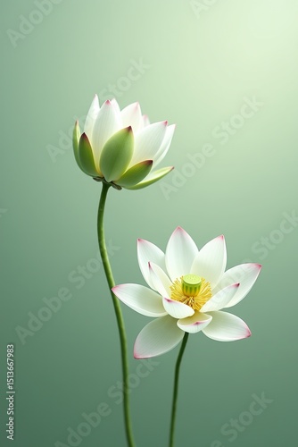 Two pristine white lotus flowers elegantly rise on slender stems against a soft green backdrop. A symbol of purity and peace