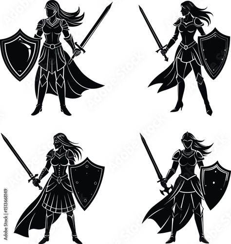 Black silhouette set of armored female knights with swords and shields