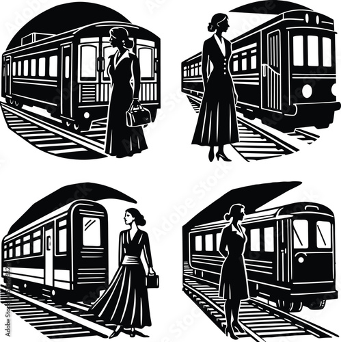 Retro transportation monochrome silhouette set of woman and train carriages