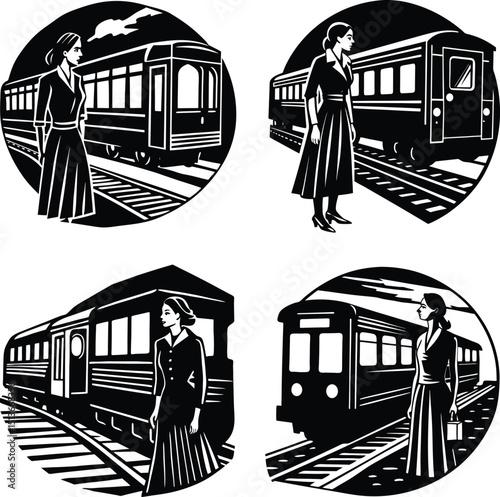 Set of four vintage inspired black and white train travel graphics