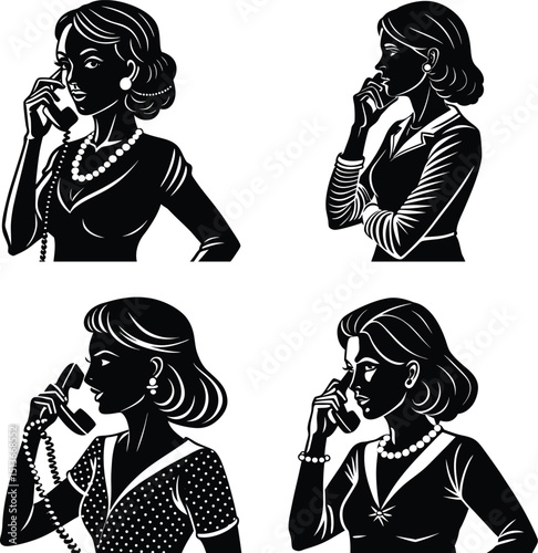 Retro women talking on the phone silhouette illustration set