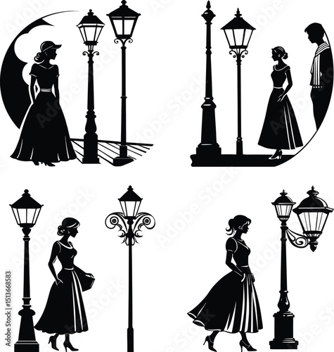 Elegant women silhouette set with street lamps in black and white