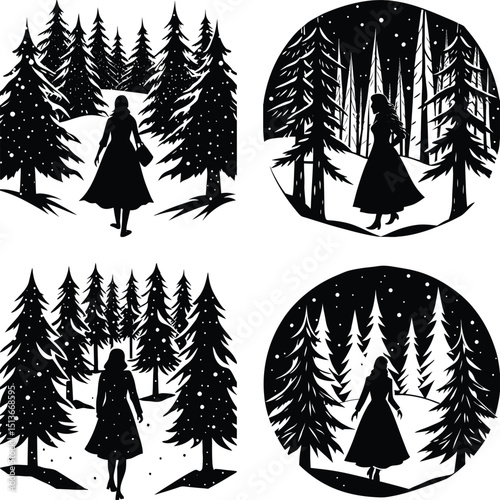 Woman silhouette walking through pine forest with snowflakes and circle frame designs