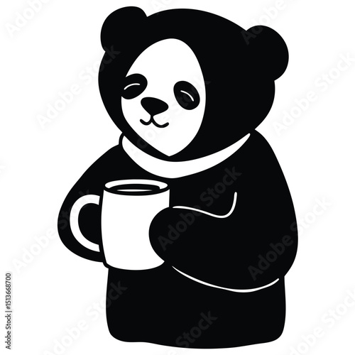 Panda with Coffee Cup – A sleepy panda holding a big coffee mug, wrapped in a cozy hoodie.
