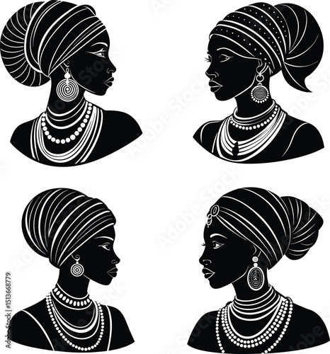 African woman silhouettes with traditional headdress and jewelry elegant illustration