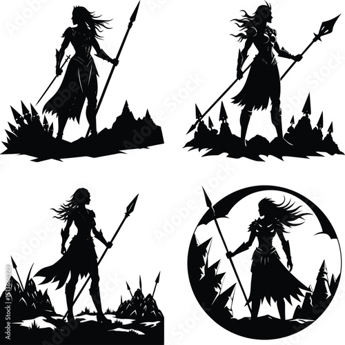 Warrior woman silhouette set with spear standing on mountain peaks isolated