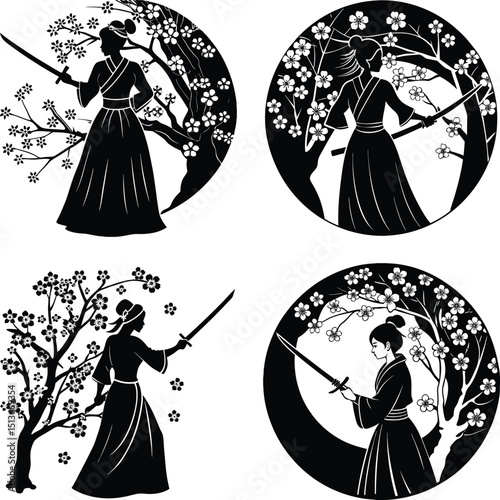Samurai women silhouettes with katana swords and cherry blossom trees collection