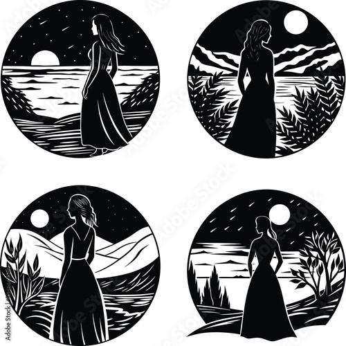 Four landscape sceneries with a woman in a dress silhouette design