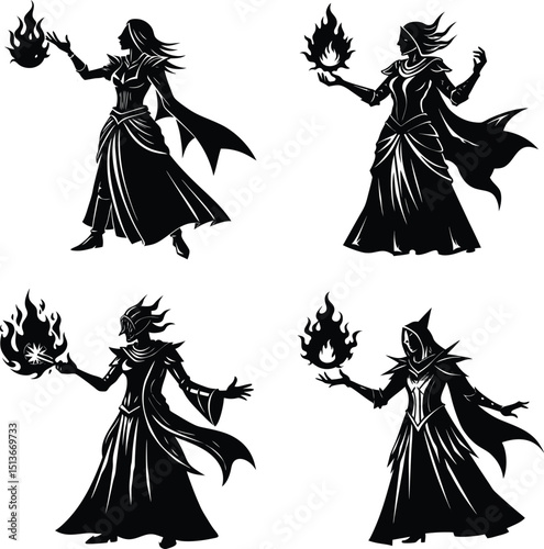 Four female witches casting fire spell silhouette illustration