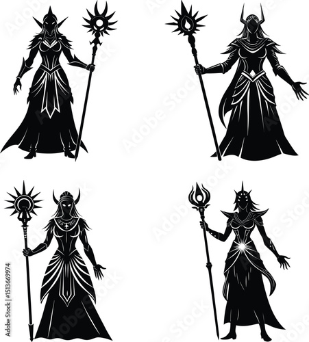 Black and white silhouette of four fantasy sorceresses holding staffs illustration